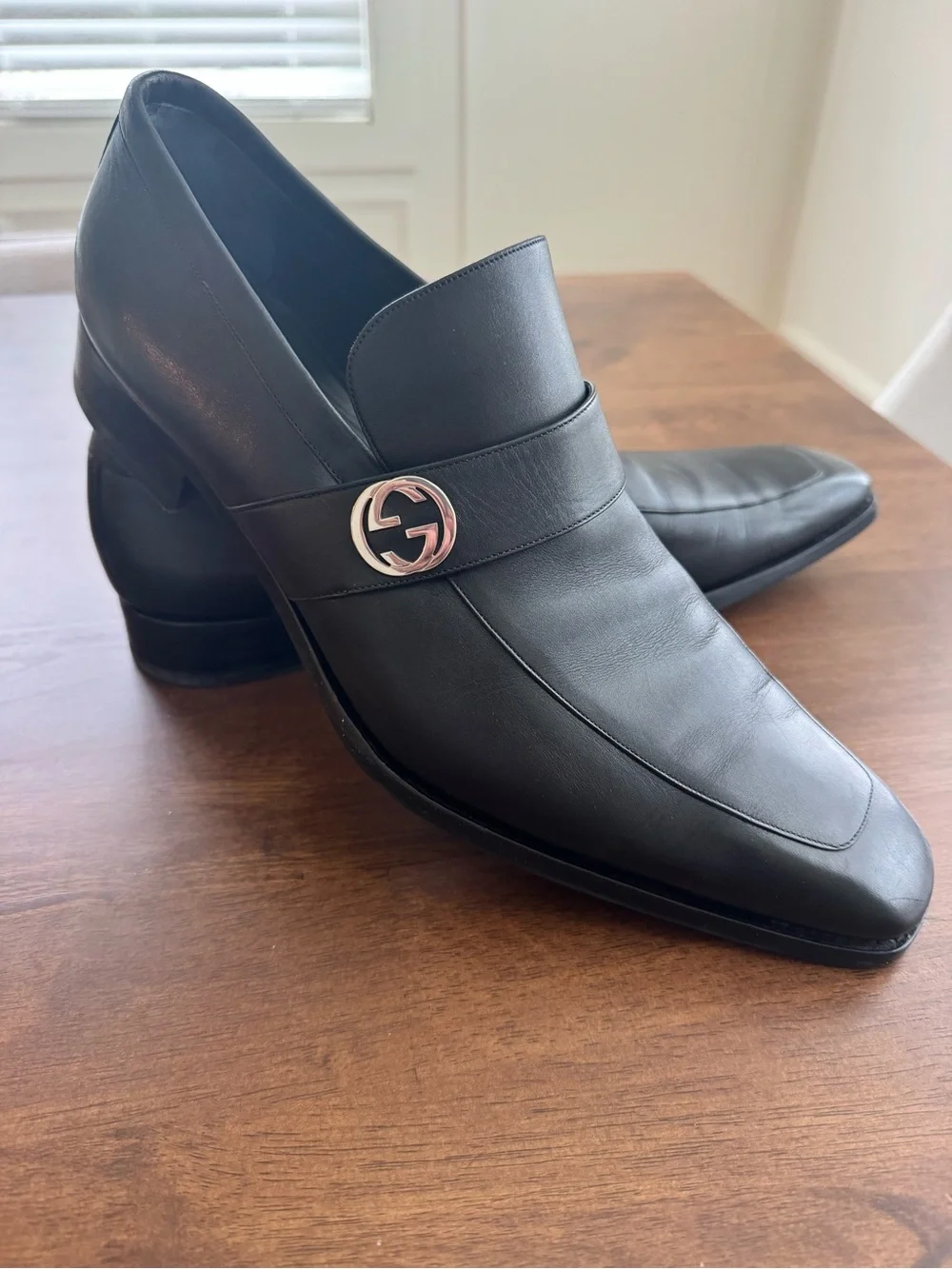 Gucci Black Leather Interlocking G Loafers  14D Excellent Made in Italy